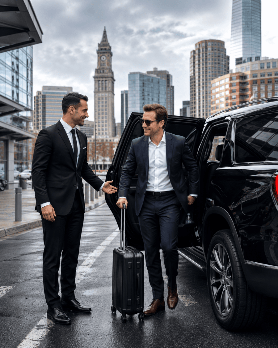 Boston limo service chauffeur assisting a client beside a black SUV