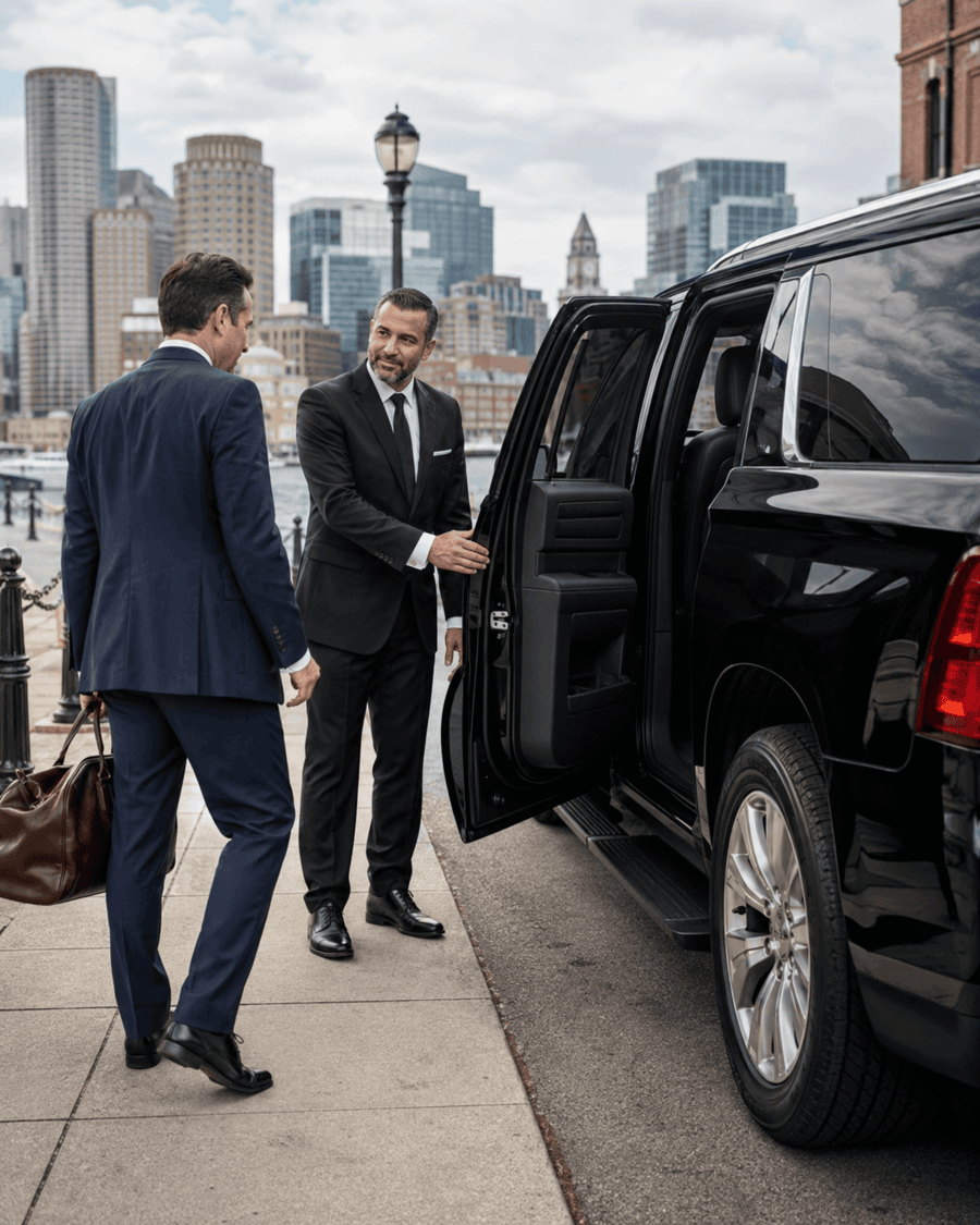 Limo service Boston chauffeur assisting a client beside a black SUV