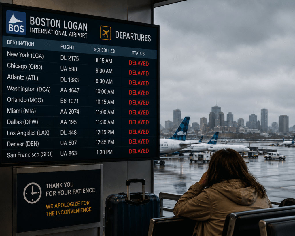 Flight delay information board at Boston Logan Airport showing canceled and delayed flights as a traveler waits in the terminal.