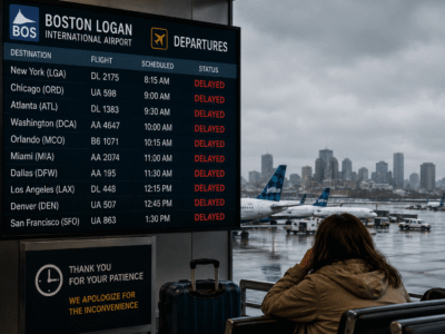 Flight delay information board at Boston Logan Airport showing canceled and delayed flights as a traveler waits in the terminal.