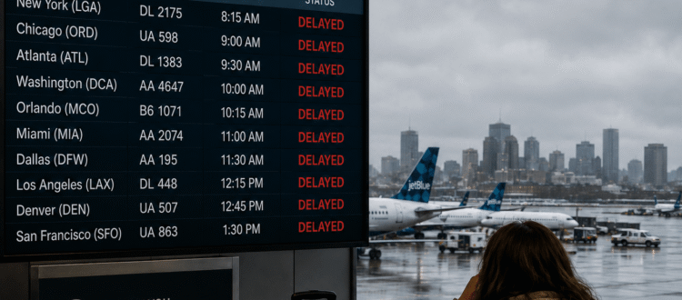 Flight delay information board at Boston Logan Airport showing canceled and delayed flights as a traveler waits in the terminal.