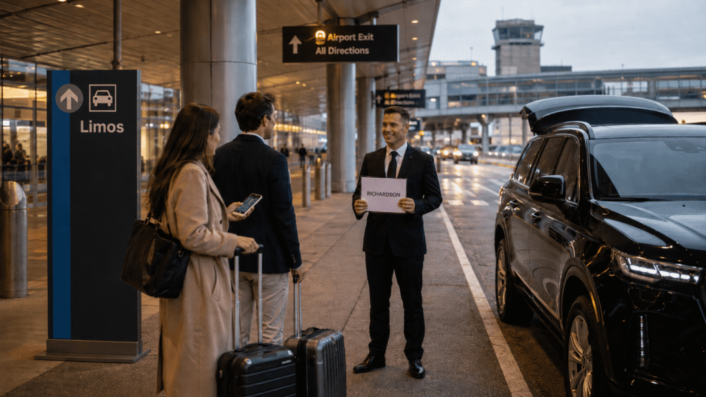Chauffeur meeting passengers with luggage at the Boston Logan Airport Limos pickup area beside a black SUV