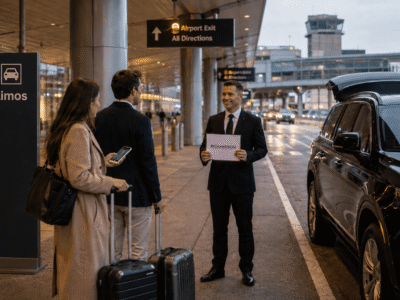 Chauffeur meeting passengers with luggage at the Boston Logan Airport Limos pickup area beside a black SUV