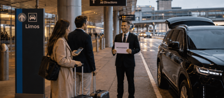 Chauffeur meeting passengers with luggage at the Boston Logan Airport Limos pickup area beside a black SUV