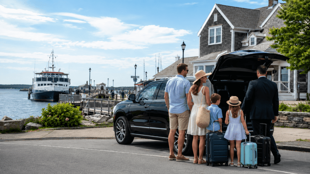 Family with luggage beside a black luxury SUV near the Woods Hole ferry terminal for private car service from Boston Logan Airport