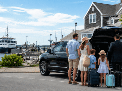 Family with luggage beside a black luxury SUV near the Woods Hole ferry terminal for private car service from Boston Logan Airport