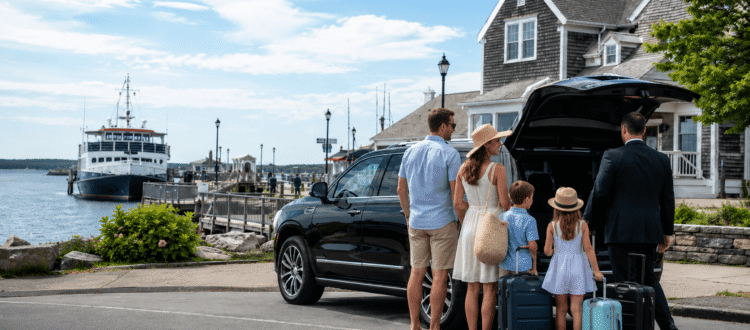 Family with luggage beside a black luxury SUV near the Woods Hole ferry terminal for private car service from Boston Logan Airport