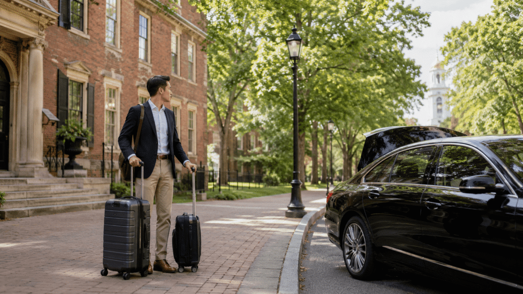 Traveler with luggage waiting near Harvard in Cambridge beside a black luxury vehicle for private car service to Boston Logan Airport