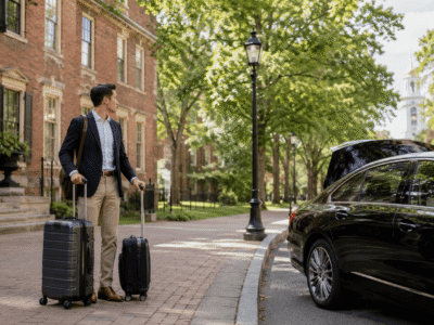 Traveler with luggage waiting near Harvard in Cambridge beside a black luxury vehicle for private car service to Boston Logan Airport