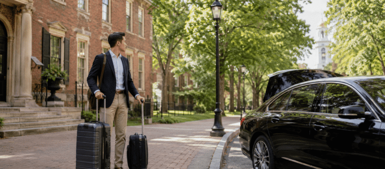 Traveler with luggage waiting near Harvard in Cambridge beside a black luxury vehicle for private car service to Boston Logan Airport