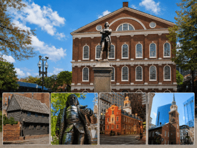 Faneuil Hall with Paul Revere House, Benjamin Franklin statue, Old State House and Old South Meeting House along Boston’s Freedom Trail