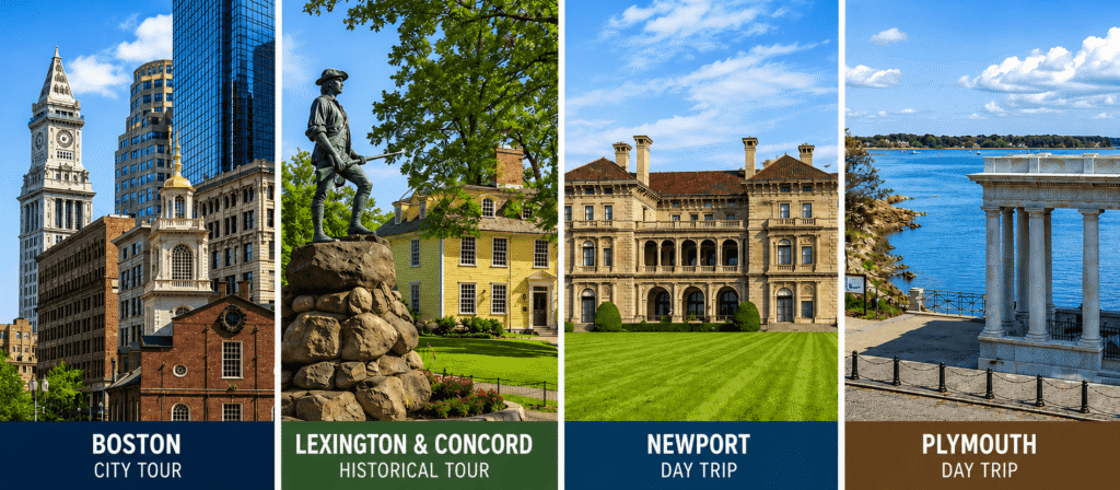 Boston Custom House Tower, Lexington Battle Green, Newport mansion and Plymouth waterfront shown in four-panel New England travel collage