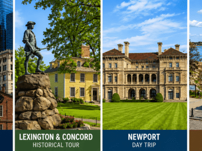 Boston Custom House Tower, Lexington Battle Green, Newport mansion and Plymouth waterfront shown in four-panel New England travel collage
