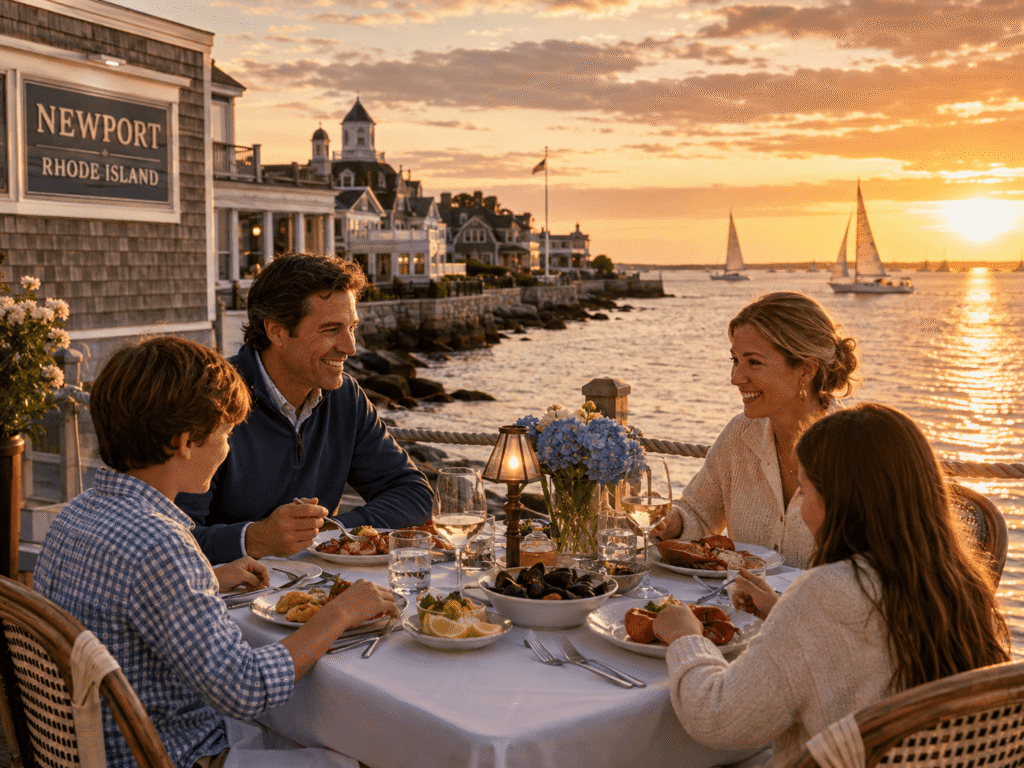 Family dining by the waterfront in Newport, Rhode Island during a private day trip from Boston