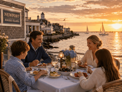 Family dining by the waterfront in Newport, Rhode Island during a private day trip from Boston