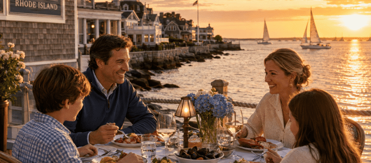Family dining by the waterfront in Newport, Rhode Island during a private day trip from Boston