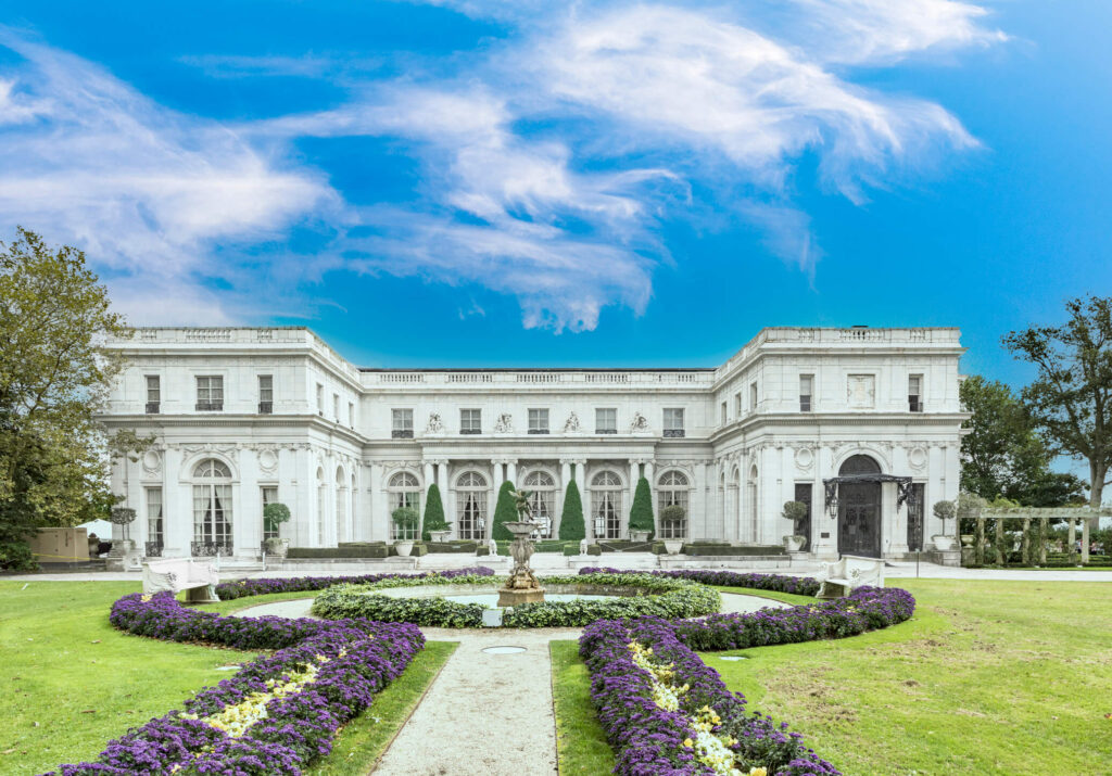 Rosecliff mansion in Newport, Rhode Island, with white facade, formal gardens, and fountain