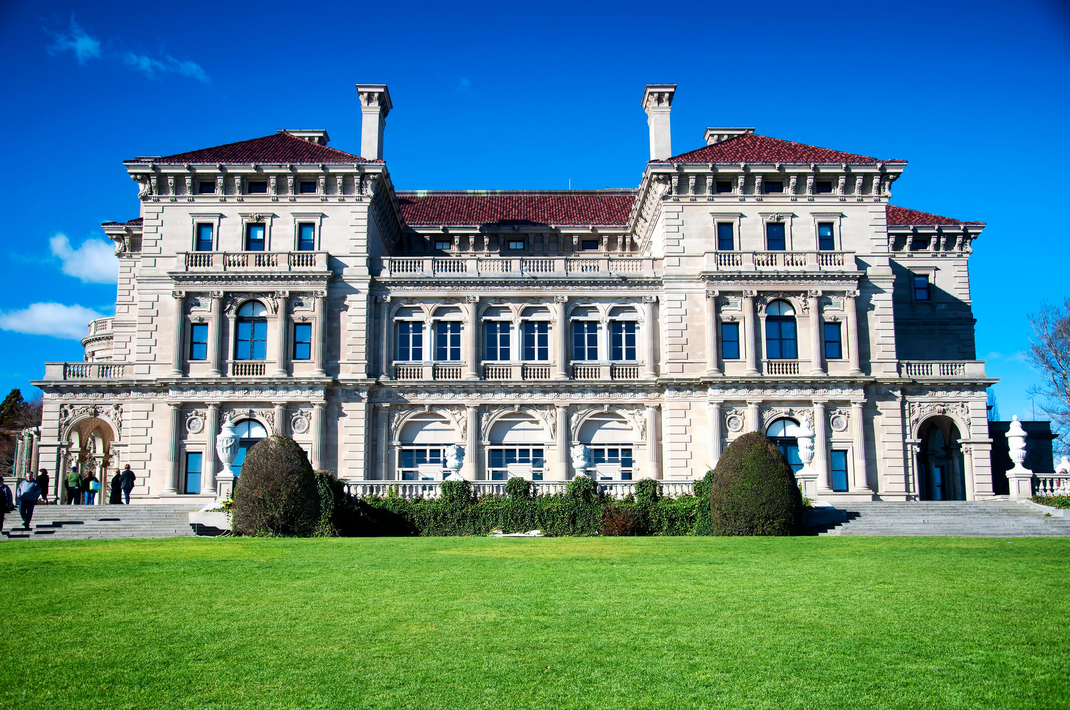 The Breakers mansion in Newport, Rhode Island, with grand limestone facade and manicured lawn