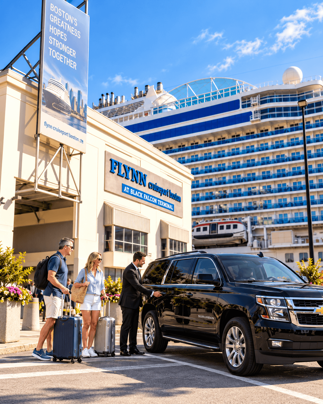 Chauffeur assisting cruise passengers with luggage beside a black SUV at Flynn Cruiseport Boston