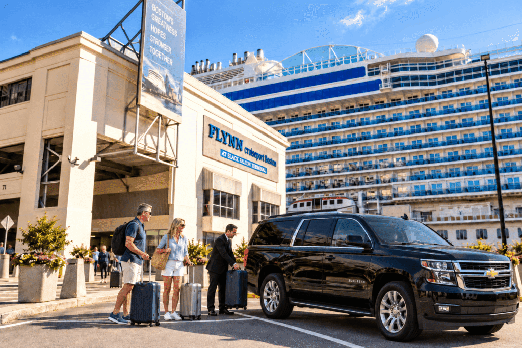 Chauffeur loading luggage into a black SUV for passengers at Flynn Cruiseport Boston