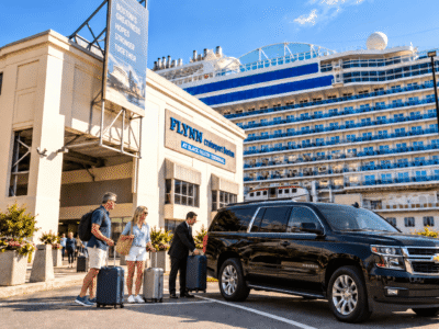 Chauffeur loading luggage into a black SUV for passengers at Flynn Cruiseport Boston