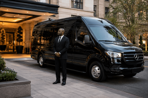 Hourly limo service in Boston with professional chauffeur and black Sprinter